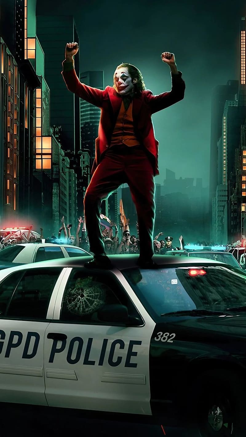 Joker Pics Dancing On Police Car, joker pics , joaquin phoenix, joker dancing on police car, bad joker, HD phone wallpaper