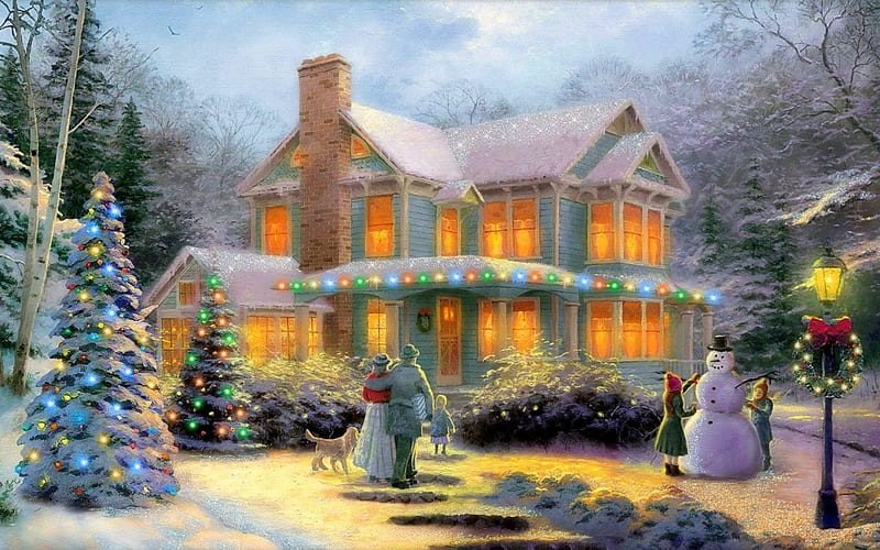 Christmas with Family, Christmas, family, holidays, houses, love four seasons, attractions in dreams, christmas trees, snowman, xmas and new year, winter, paintings, snow, winter holidays, HD wallpaper