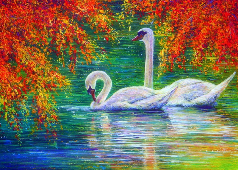 - Loyalty to YOu -, pretty, autumn, scenic, draw and paint, beutiful, together, attractions in dreams, adorable, seasons, love, bright, paintgings, traditional art, animals, most downloaed, fall season, lovely, colors, love four seasons, creative pre-made, trees, swans, nature, reflections, beloved valentines, HD wallpaper