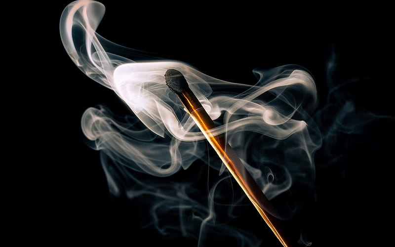 extinguished match, smoke, burnt match, smoke over a match, black background, HD wallpaper