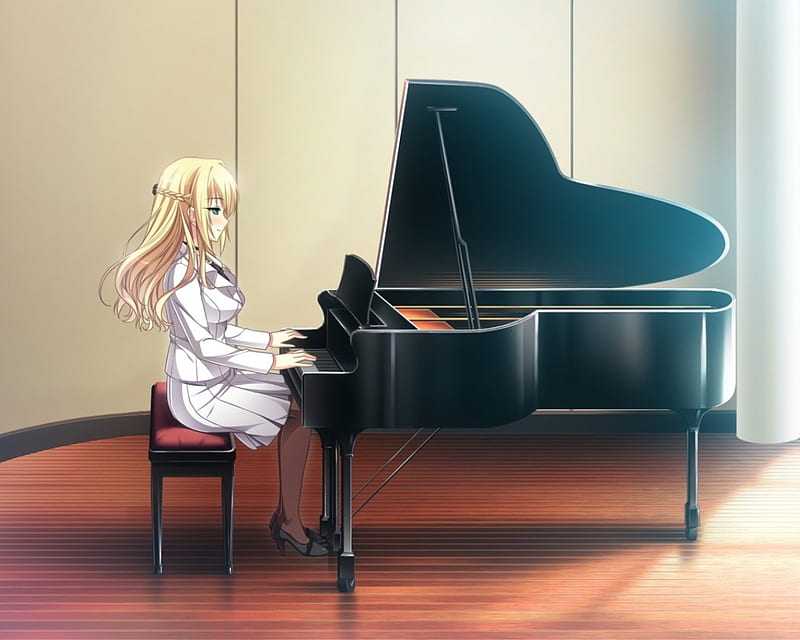 Piano, playing, female, blond, music, melody, blonde, blonde hair, sexy, cute, musician, girl, anime, hot, anime girl, long hair, HD wallpaper