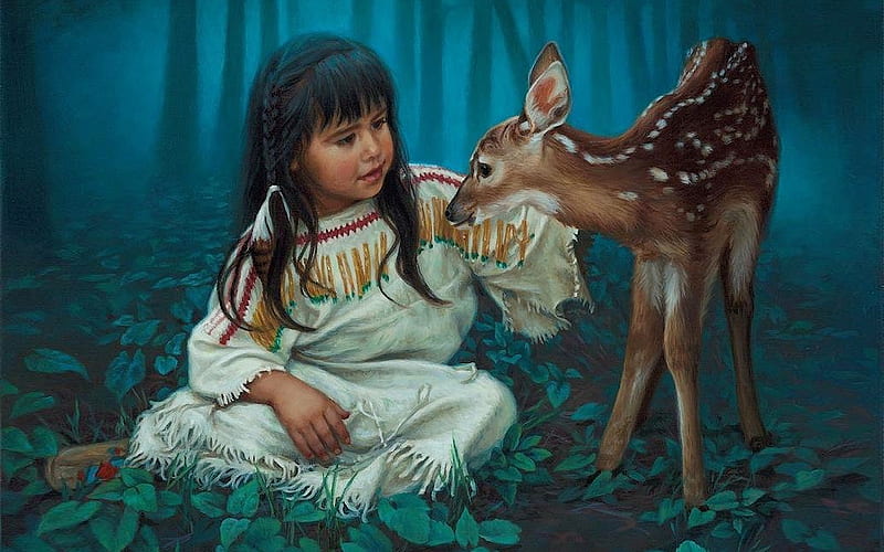 Native Child with a Fawn, fawn, child, native American, indigenous people, children, sweet, HD wallpaper