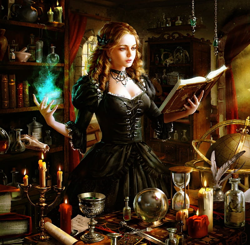 The Secret Book of Spells, potions, spells, book, sorceress, black, bonito, things, HD wallpaper