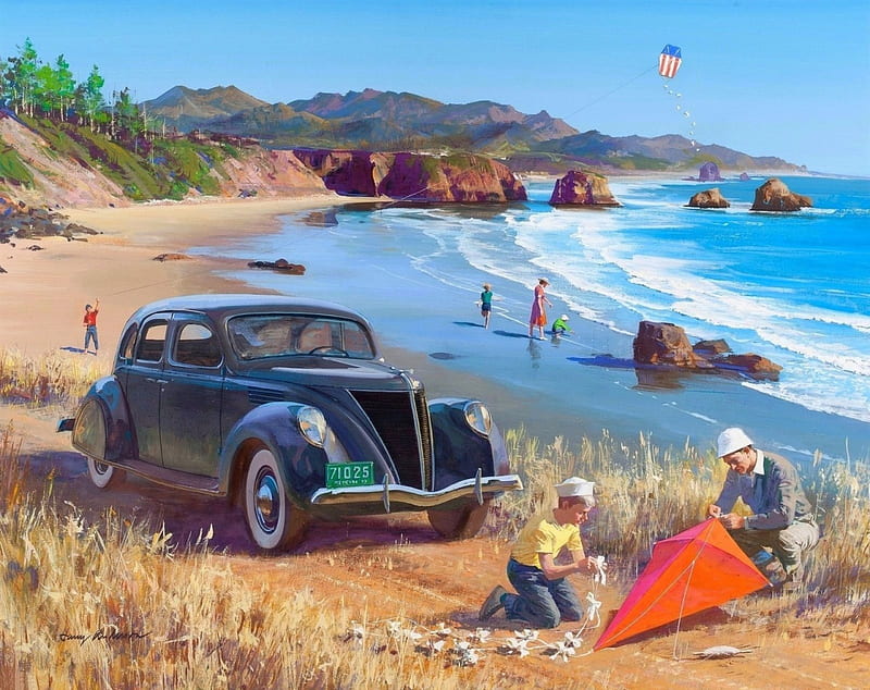 Launch a Kite on the Beach, draw and paint, love four seasons, attractions in dreams, carros, retro, kite, old car, beaches, American retro car, people, HD wallpaper