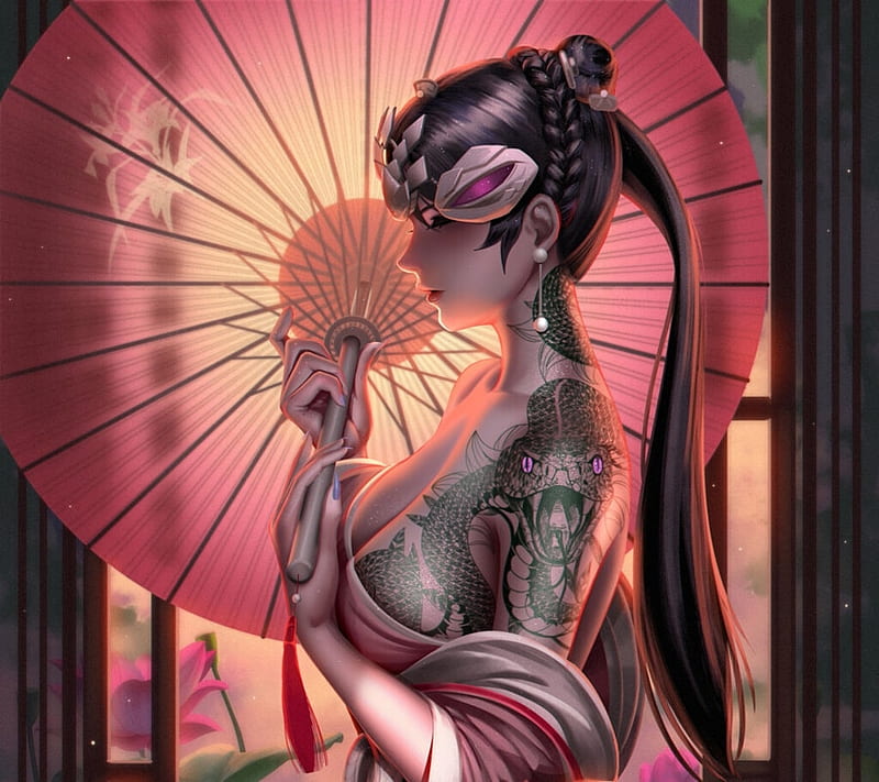 Windowmaker, fantasy, girl, tattoo, liang xing, parasol, pink, snake, HD wallpaper