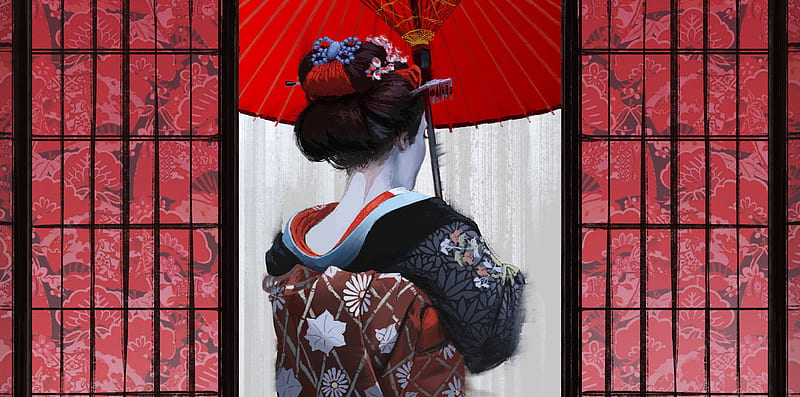 Artistic, Geisha, Japanese, Kimono, Parasol, Umbrella, HD wallpaper