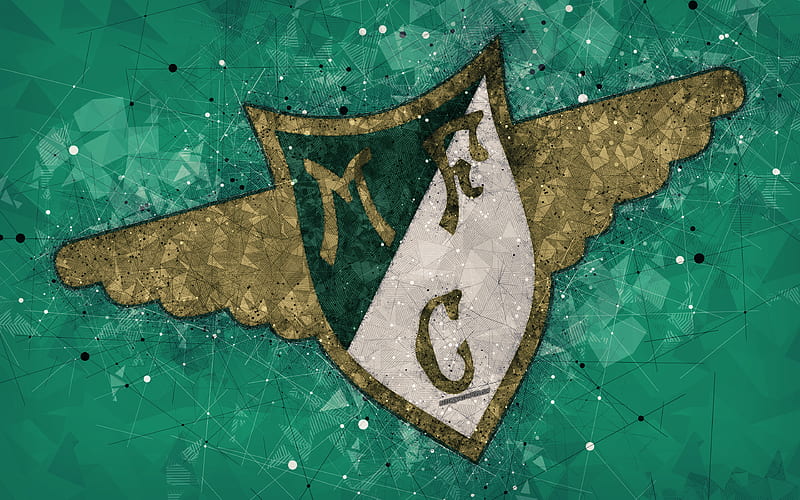 Moreirense FC geometric art, logo, Portuguese football club, emblem, green background, Primeira Liga, Moreira de Conugus, Portugal, football, creative art, HD wallpaper