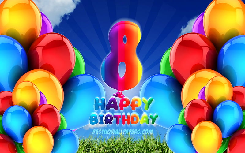 Happy 8 Years Birtay, cloudy sky background, Birtay Party, colorful ballons, Happy 8th birtay, artwork, 8th Birtay, Birtay concept, 8th Birtay Party, HD wallpaper