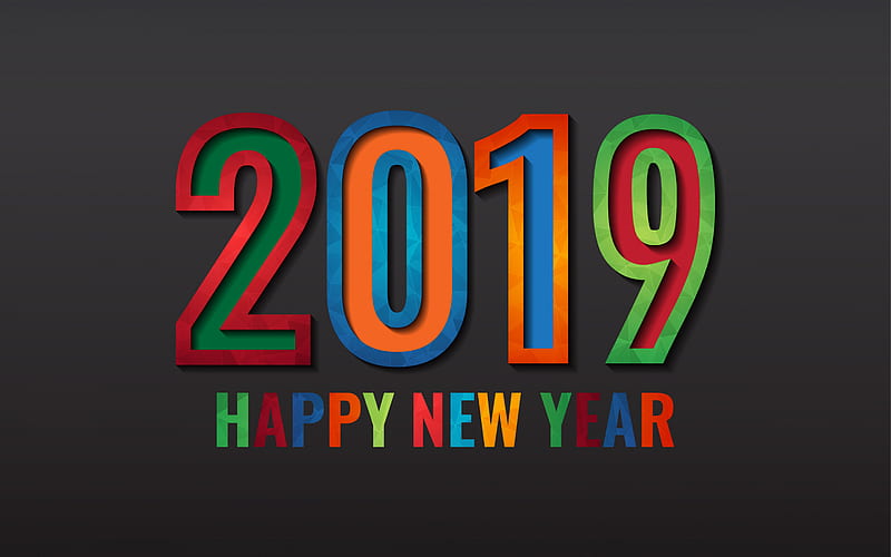 Happy New Year, 2019 year, multicolored letters, abstract bright letters, 2019 concepts, New Year, gray background, HD wallpaper