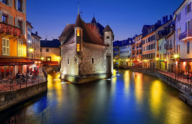 Annecy, France, romantic, travel, town, France, dusk, bonito, twilight, water, castle, landscape, HD wallpaper