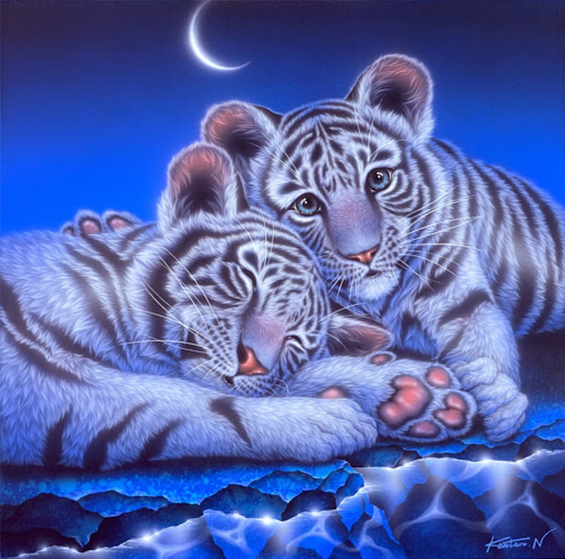Tiger cubs, art, luminos, kentaro nishino, paw, tiger, animal, pictrua, cute, fantasy, cub, painting, tigru, pink, white, blue, couple, HD wallpaper