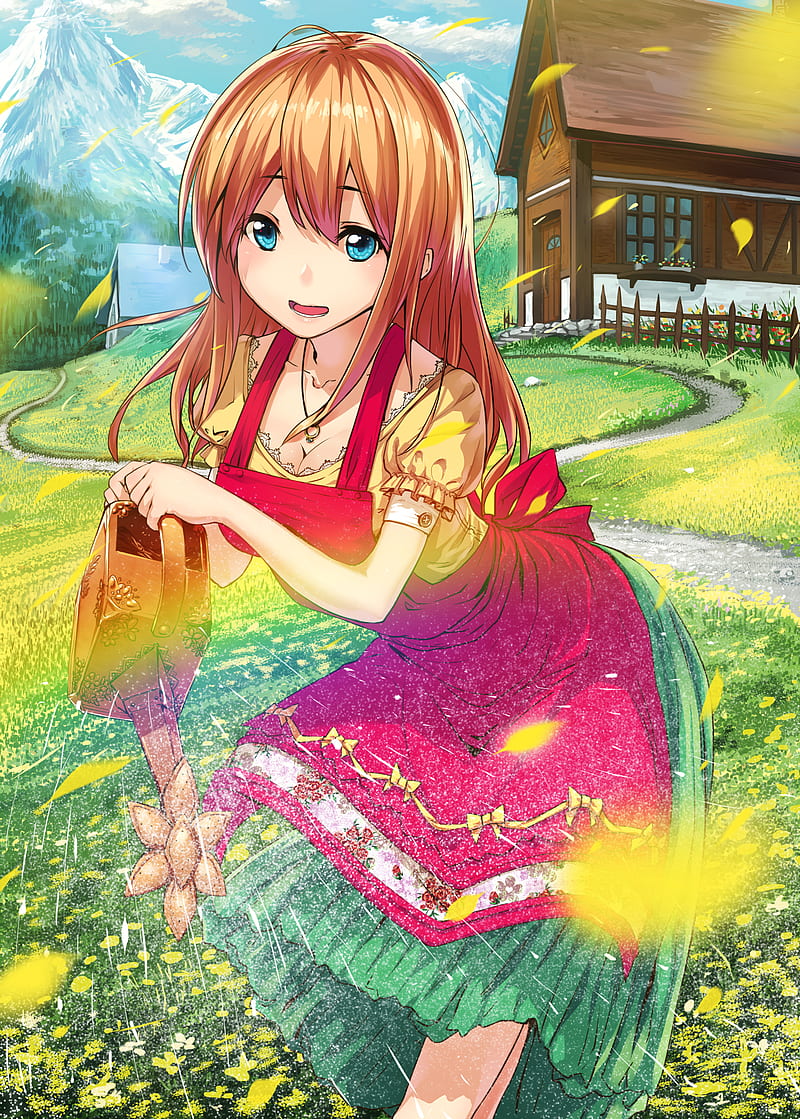 girl, watering can, summer, village, anime, art, HD phone wallpaper