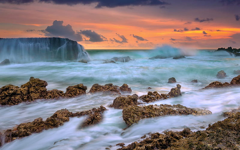 shore, wave, dawn, ocean, morning, storm, HD wallpaper