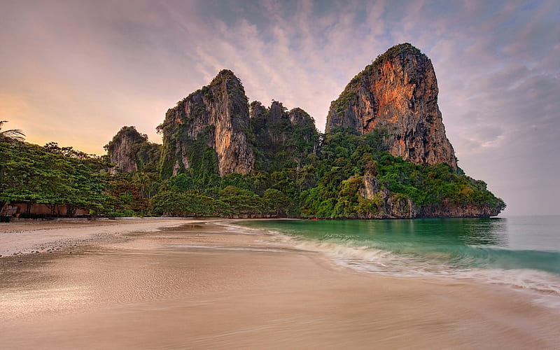 beach, Thailand, tropical island, rocks, sea, palm trees, rainforest, resort, travel, HD wallpaper