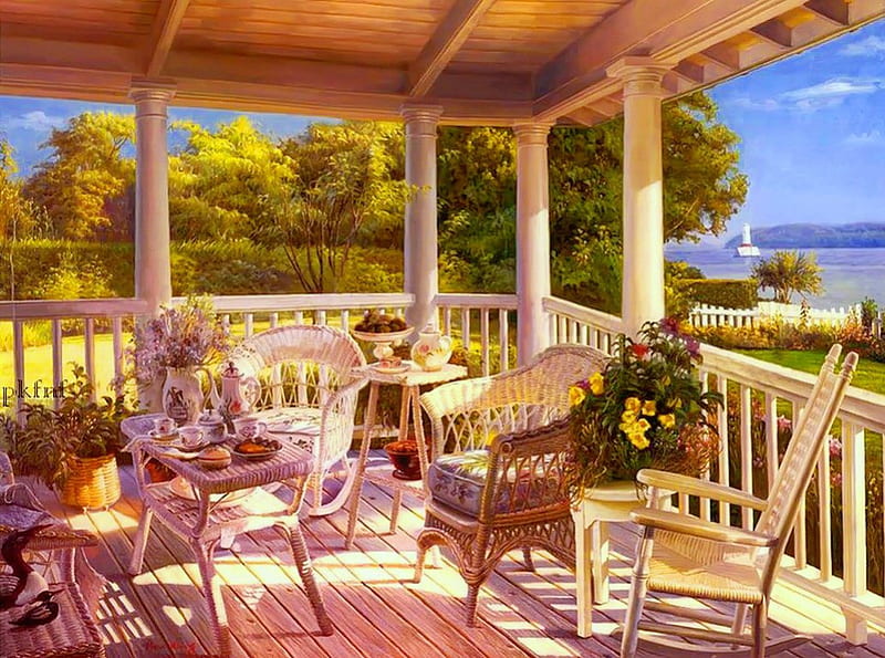 Waterside porch, pretty, house, sailing, bonito, tea, sea, beach, painting, morning, waterside, art, patio, cozy, sail boat, lovely, view, time, reeze, pleasant, paradise, porch, coffee, summer, nature, coast, HD wallpaper