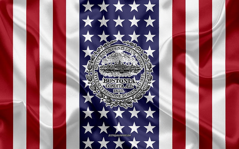 Boston Seal silk texture, American Flag, USA, Boston, Massachusetts, American City, Seal of the Boston, silk flag, HD wallpaper