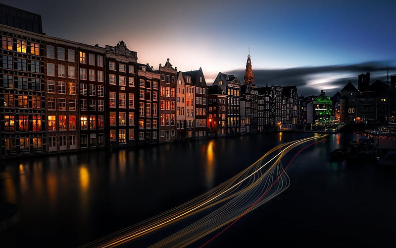 evening, canal, Amsterdam, Netherlands, HD wallpaper
