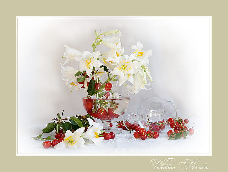 still life, red, cherries, bonito, graphy, nice, cool, water, bouquet, sour, flower, flowers, white, mugs, harmony, HD wallpaper