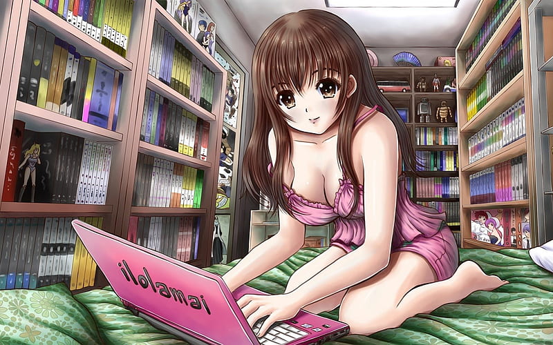 Chica anime, bonita, encantadora, viento, ordenador portátil, sexy, ojo  grande, Fondo de pantalla HD | Peakpx