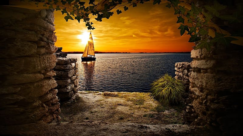 Beautiful Sunset, boat, sky, sun, digital, terrace, art, HD wallpaper