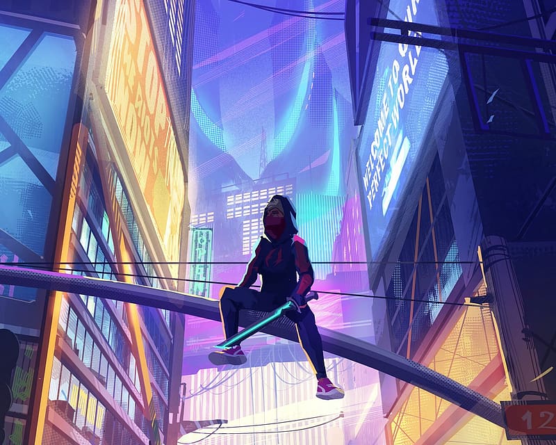 ninja, mask, sword, buildings, neon, cyberpunk, art standard 5:4 background, HD wallpaper