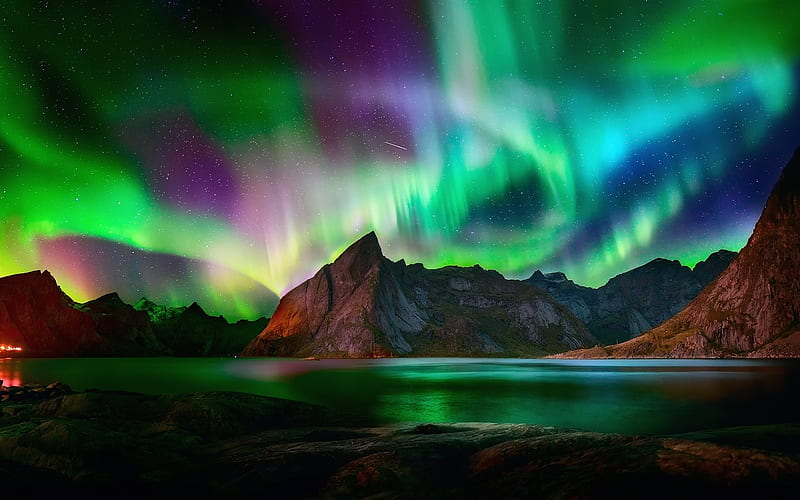 Lovely Northern Lights, nature, water, sky, mountains, HD wallpaper
