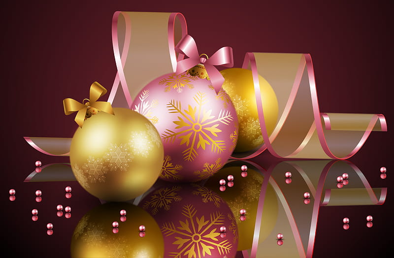 Happy Holidays!!!, pretty, christmas balls, bonito, cold, ball, nice, beauty, reflection, pink, lovely, holiday, christmas, ribbon, golden, colors, soft, happy new year, delicate, elegantly, cool, merry christmas, balls, HD wallpaper