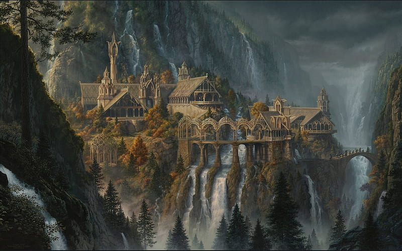 Rivendell, world, frumusete, fantasy, lotr, luminos, waterfall, HD wallpaper