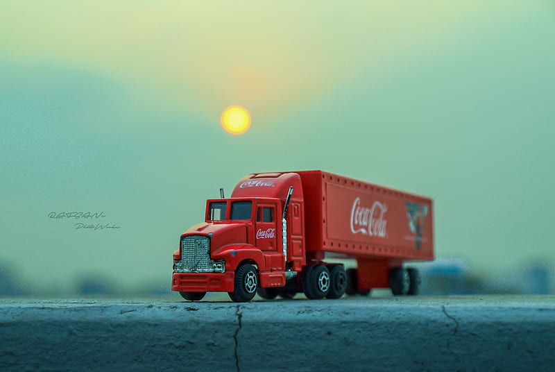 Coca-Cola truck, cocacola, cola, drink, evening, logo, red, toy, toytruck, trailer, HD wallpaper