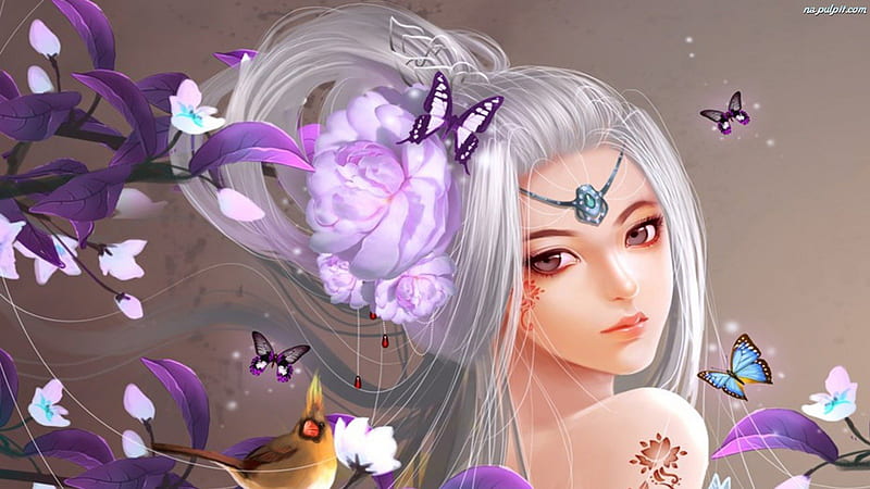 Woman With Butterflies, fantasy, jewlery, flowers, butterflies, woman, HD wallpaper