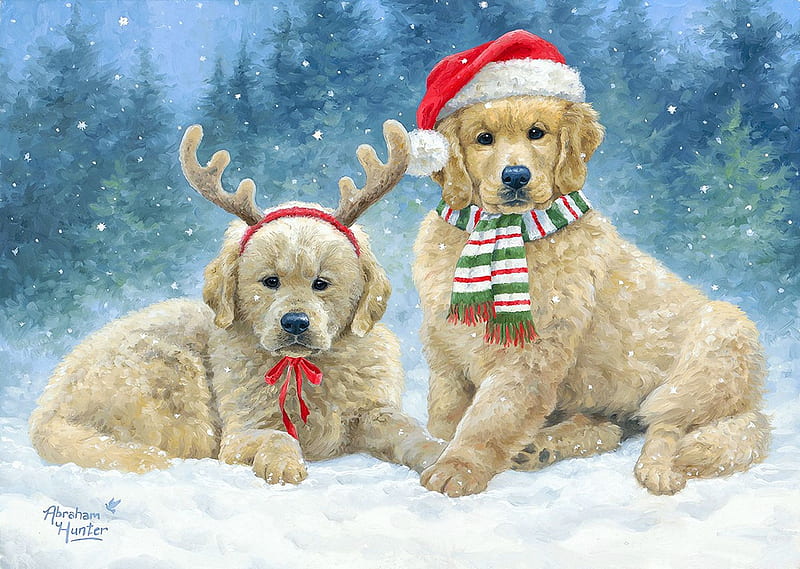 Holiday Puppies, cute, snow, christmas, painting, winter, dogs ...