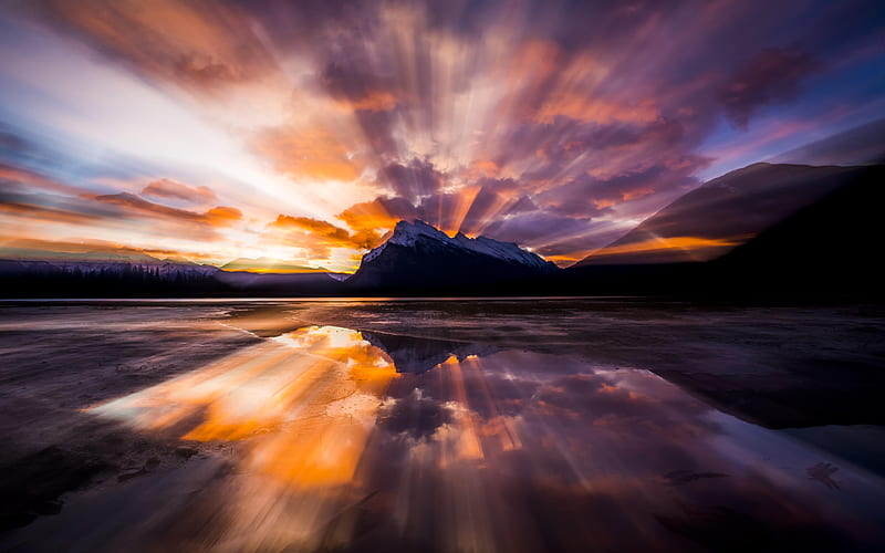 Banff Vermilion Lakes, winter, sunset, mountains, Banff National Park, Alberta, Canada, HD wallpaper
