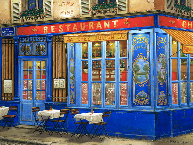 Restaurant, windows, tables, cloths, food, doorway, chairs, diner, street, HD wallpaper