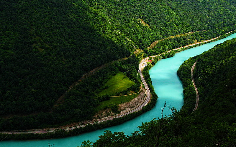 Soca river blue river, mountains, Trenta Valley, Triglav National Park, Alps, Slovenia, Europe, HD wallpaper