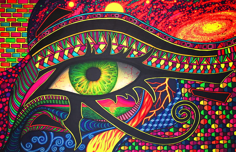 Eye Of Wonder, tetritek, art, eye, horus, ra, vibrant, colorful, symbol, galaxy, psychadelic, HD wallpaper