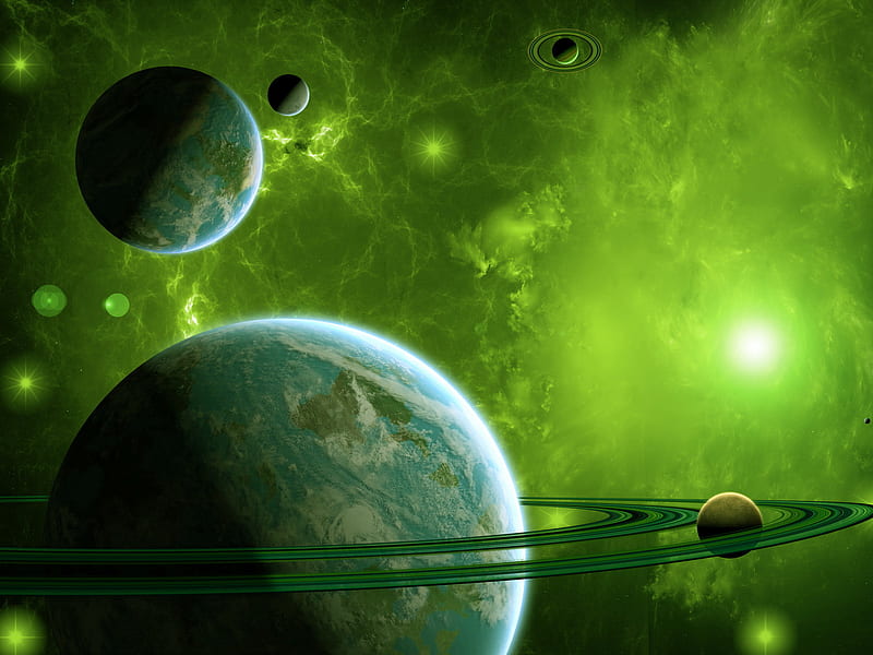 Green Universe, planets, oceans 3d and cg, background, space, circles, painted, rockets, clouds, cenario, rings, nice, scenario beauty, art, moons, cena, black, different, panorama, spatial, cool, awesome, computer, great, hop, fullscreen, dust, white, nebulae, bonito, continents, artwork, sea graphy, green, effects, scenery, galaxies, blue stars, amazing, customized, view, satellites, universe pc, scene, HD wallpaper