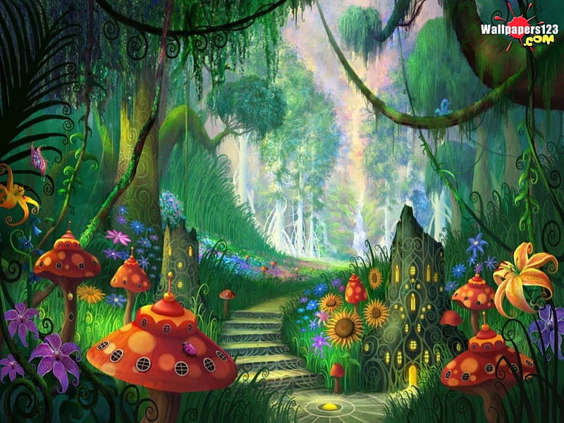 mushroom forest, flowers, mushrooms, trees, light, HD wallpaper