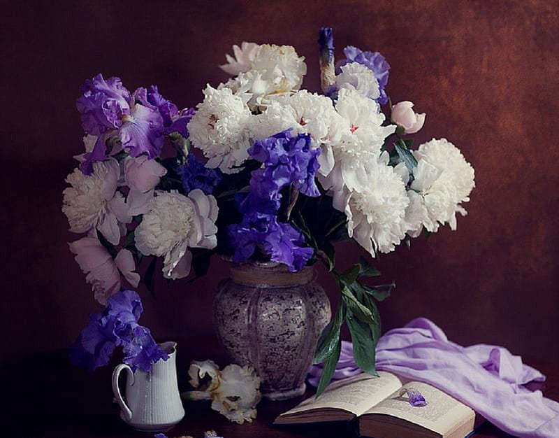 White & purple, teapot, still life, flowers, irises, peonies, HD ...