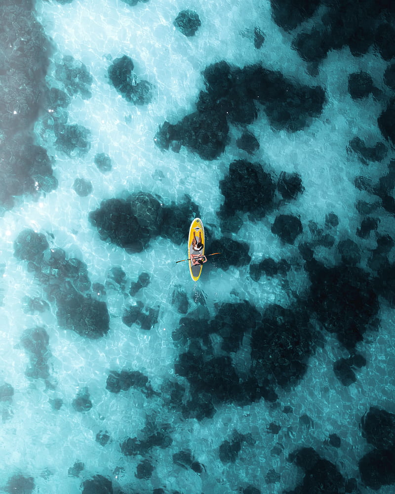 boat, canoe, aerial view, ocean, HD phone wallpaper