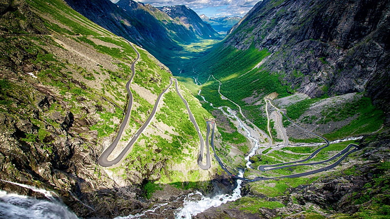 unbelievable mountain road in the valley, stream, serpentine, mountains, road, valley, HD wallpaper