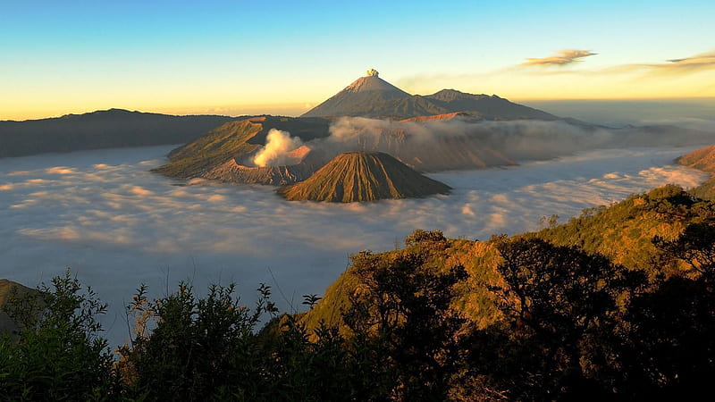 Group of Volcanos, forest, eruption, sunset, sky, volcano, fog, mist, mountains, nature, HD wallpaper