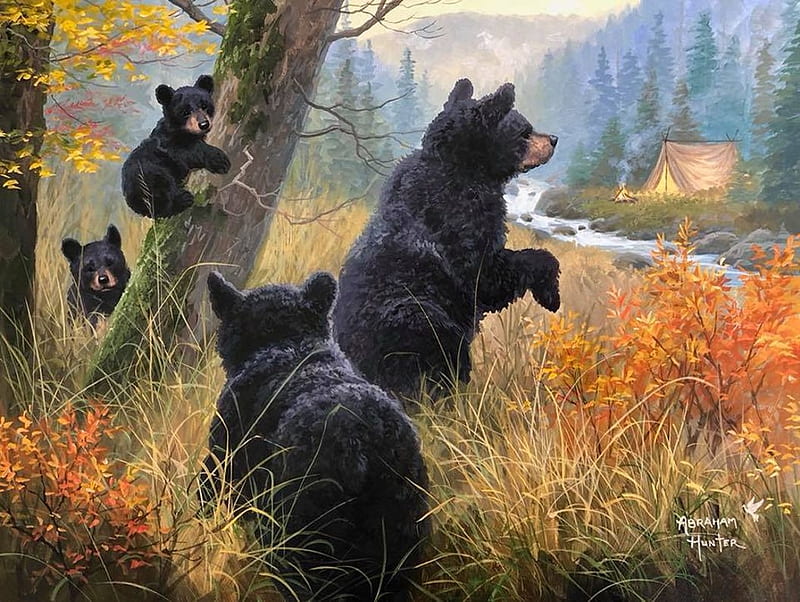 Family Hike, leaves, autumn, parents, painting, bears, trees, pups, artwork, HD wallpaper