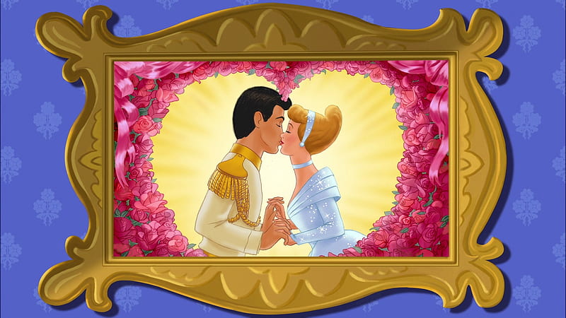 Cinderella ~ Wedding day, frame, yellow, wedding, cinderella, kiss, heart, day, charming prince, pink, couple, disney, HD wallpaper