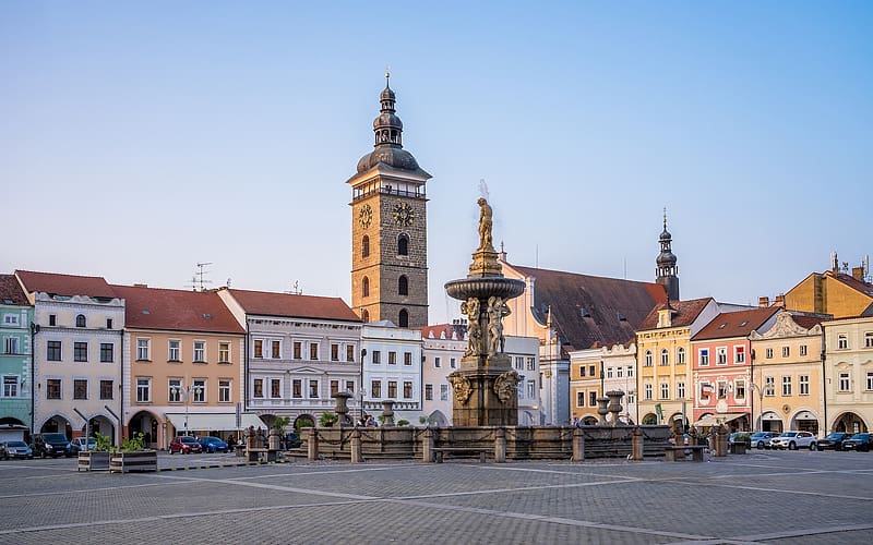 Ceske Budejovice, Czechia, square, Czechia, city, fountain, HD wallpaper