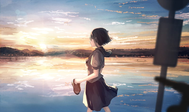 sunset, anime girl, looking away, school uniform, scenic, Anime, HD wallpaper