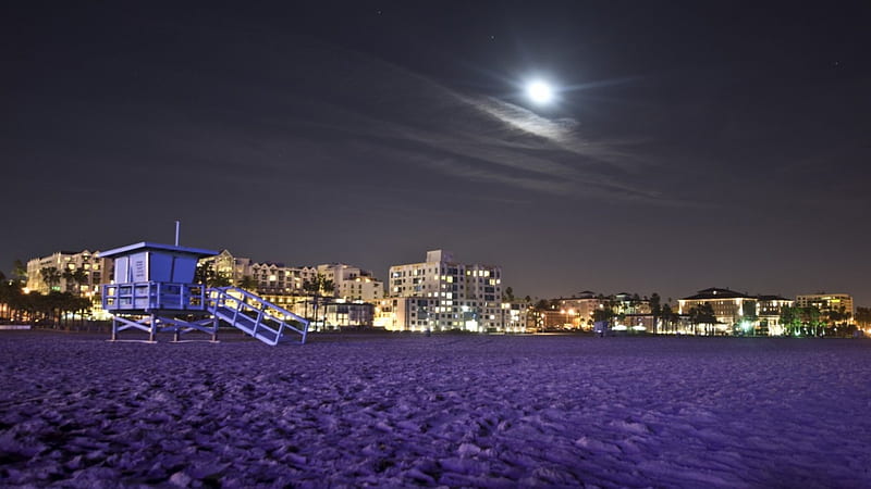 moon over santa monica beach in purple, beach, moon, city, lifeguard station, purplse, night, HD wallpaper