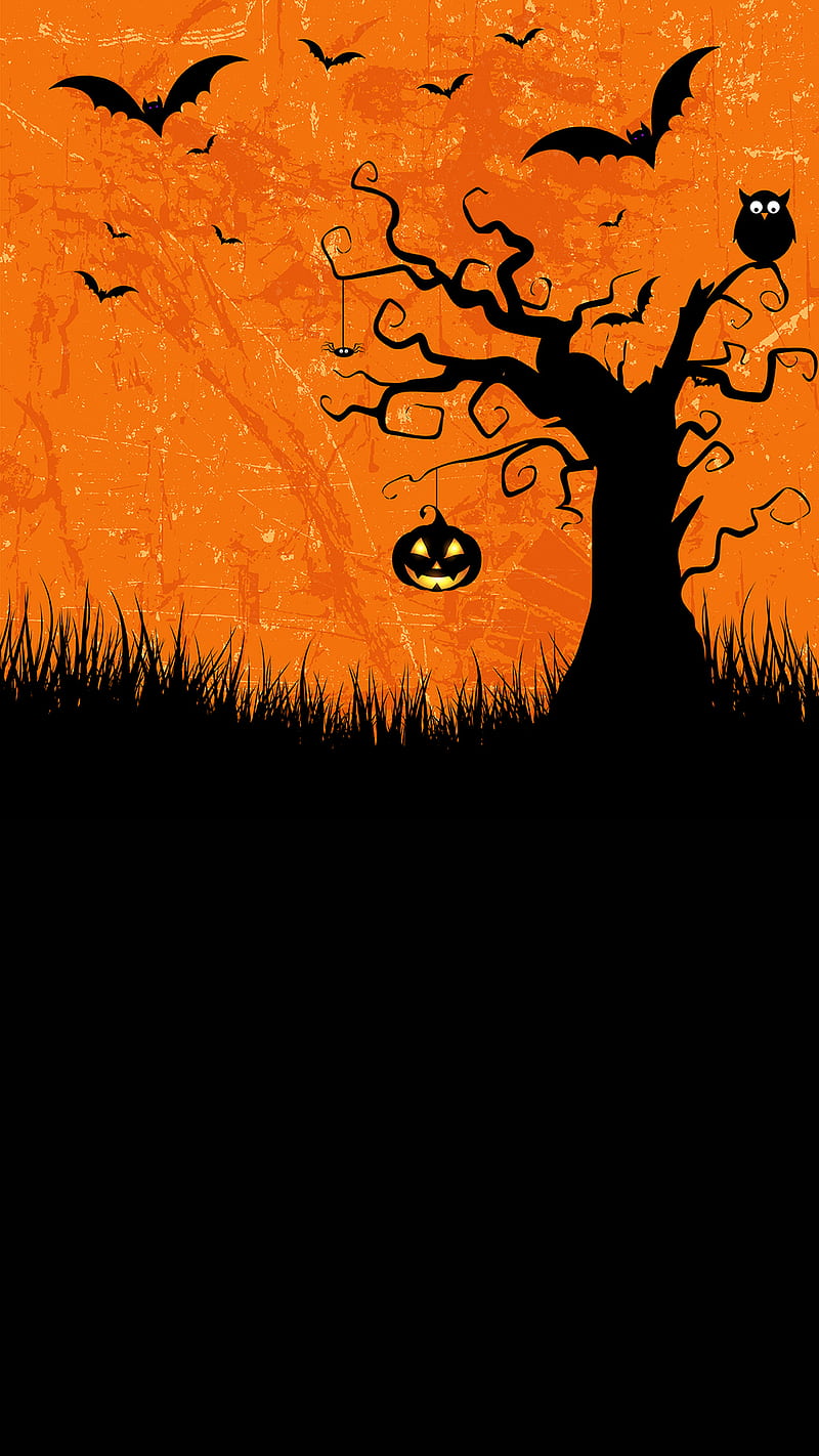 Halloween Tree, Kiss, bats, black, jack-o-lantern, night, orange, owl, pumpkin, scary, spooky, HD phone wallpaper