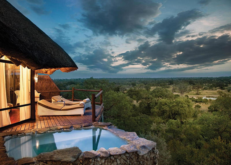 African Game Reserve Luxury Lodge, hut, Africa, lodge, retreat, dusk, game, African, hot, evening, luxury, hotel, exotic, holiday, sun set, tub, paradise, reserve, preserve, spa, wildlife, jacuzzi, tropical, HD wallpaper