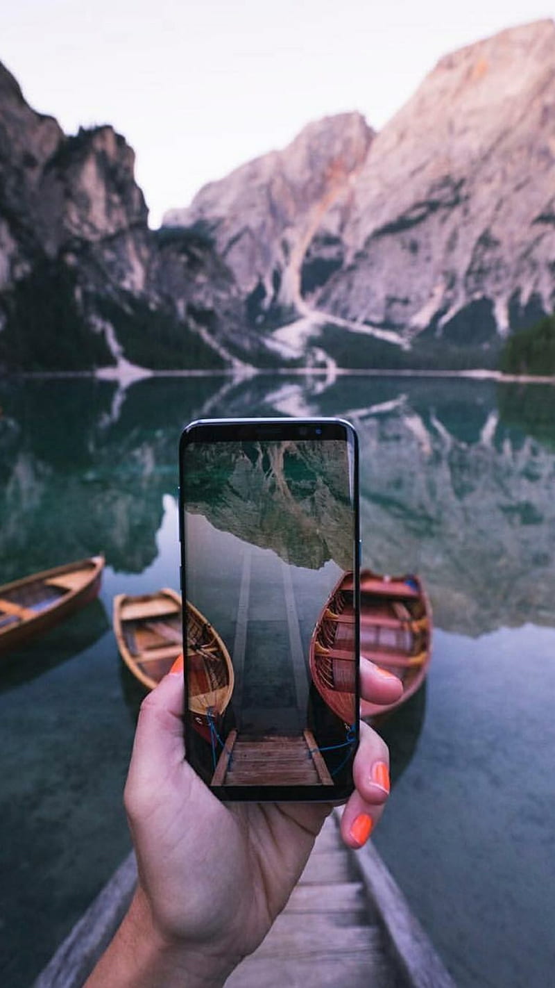 Galaxy s8, bay, beauty design, boat, mountains, nature, s7, s8plus, HD phone wallpaper