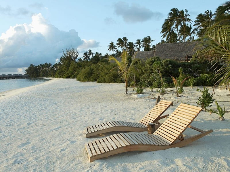 Beach Paradise for 2, beach, deck chairs, island, tropical, coast, HD wallpaper